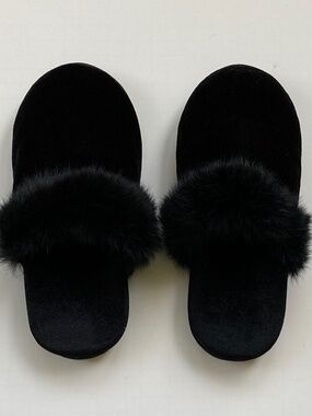 Sox-Tab Black Velvety-Soft Slippers/Slides/Rabbit Hair Trim/Size 7-8 Medium/NEW